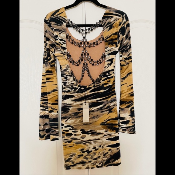 SKY leopard mini bejeweled back dress L